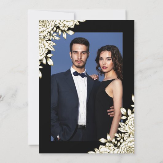 Elegant Bold Chic Zwart Goud Bloemen Foto Bruiloft Kaart (Achterkant)