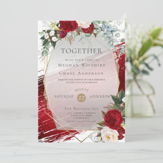 Elegant Bold Crimson Floral en Paint Stroke Kaart (Staand voorkant)