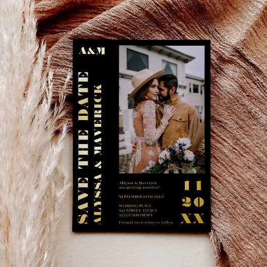 Elegant Bold eenvoudig goud zwart 2 foto's bruilof Folie Uitnodiging