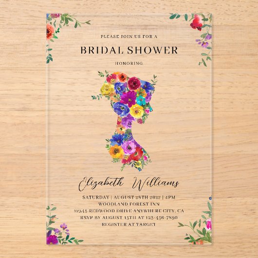 Elegant Bold Floral Woman Silhoutte Vrijgezellenfe Acryl Uitnodigingen (Voorkant)