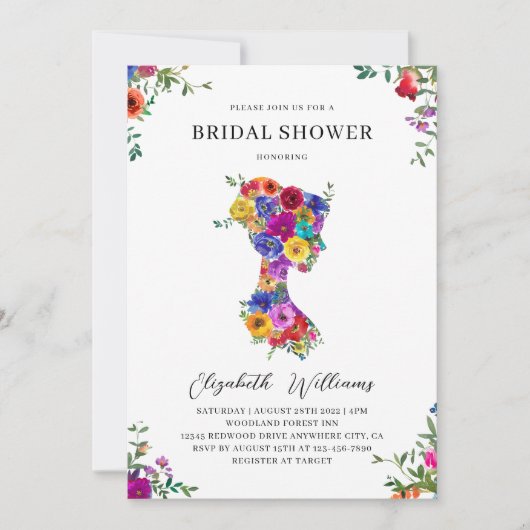 Elegant Bold Floral Woman Silhoutte Vrijgezellenfe Kaart (Voorkant)