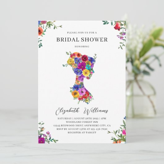 Elegant Bold Floral Woman Silhoutte Vrijgezellenfe Kaart (Staand voorkant)