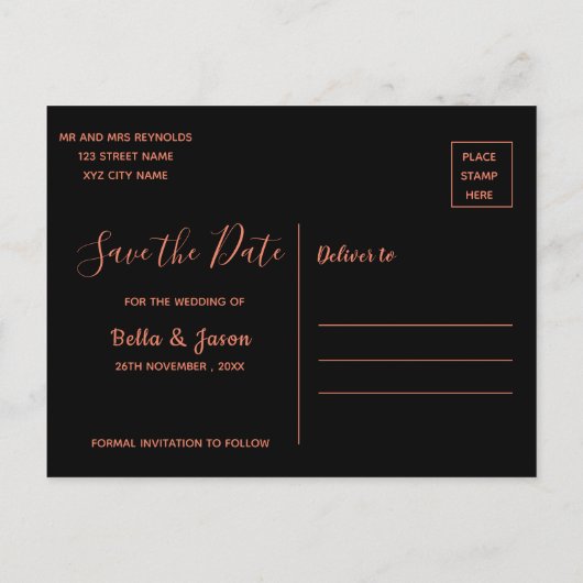 Elegant Bold Font Black Weddenschap bewaar de datu Uitnodiging Briefkaart (Achterkant)