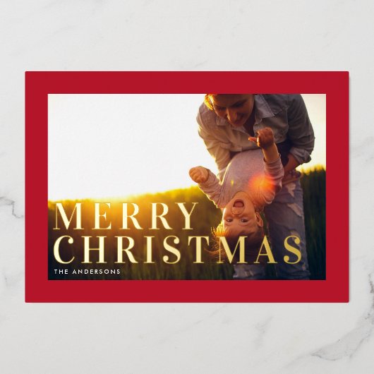 Elegant Bold Gold Merry Christmas Red Lijst Foto Folie Feestdagenkaart (Voorkant)