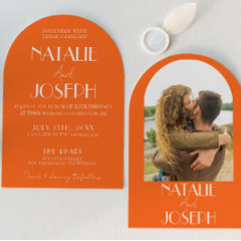 Elegant Bold Orange Retro Photo Arched Wedding Kaart