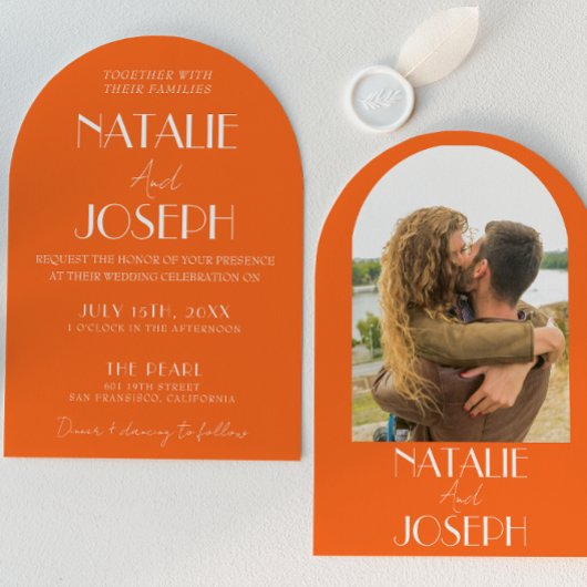 Elegant Bold Orange Retro Photo Arched Wedding Kaart