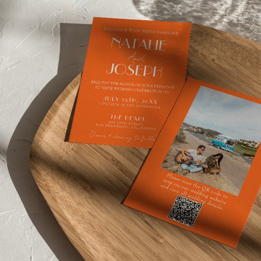 Elegant Bold Orange Stylish Photo QR Code Wedding Kaart