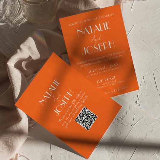 Elegant Bold Orange Stylish QR Code Wedding Kaart