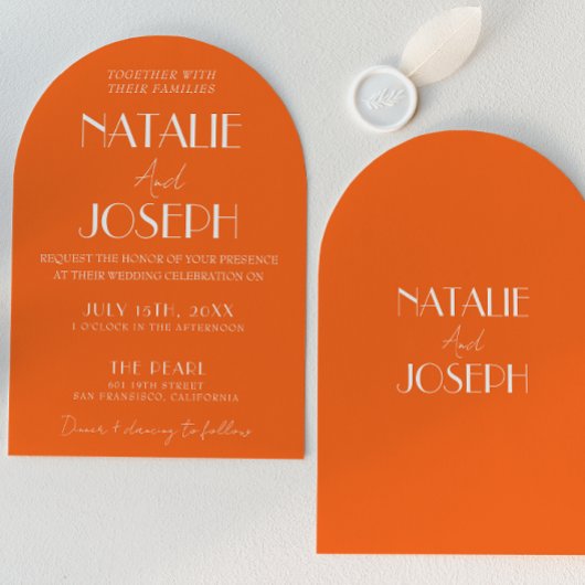 Elegant Bold Orange Stylish Retro Arched Wedding  Kaart
