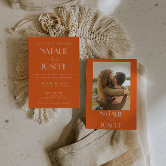 Elegant Bold Orange Stylish Retro Photo Wedding Kaart