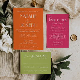 Elegant Bold Orange Stylish Retro Wedding Kaart