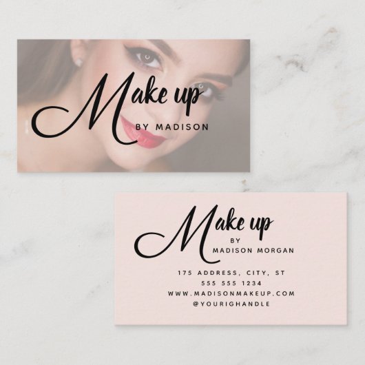 Elegant Bold Script Blush Pink Photo Makeup Visitekaartje (Voorkant / Achterkant)