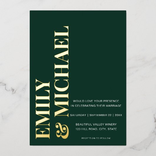 Elegant Bold Typography Emerald Minimal Wedding Folie Uitnodiging (Voorkant)