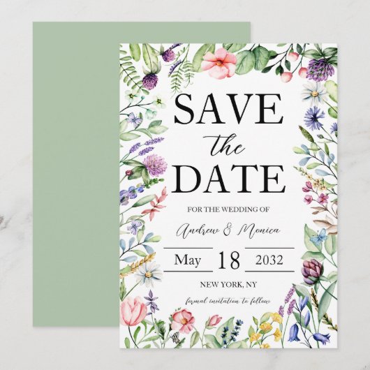Elegant Bold Wildflower Sage Green Wedding Save The Date (Voorkant / Achterkant)