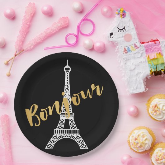 Elegant Bonjour Eiffel Tower Papieren Bordje (Feest)