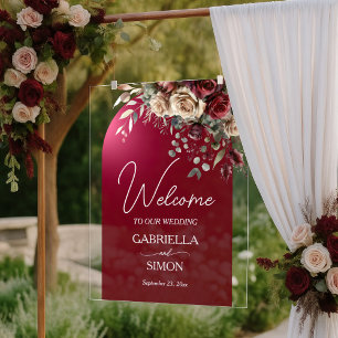 Elegant Boog Burgundy Rozen Trouw Welkom Acryl Bord