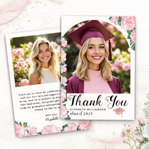 Elegant Boog Foto Wit & Roze Bloemen Afstuderen Bedankkaart