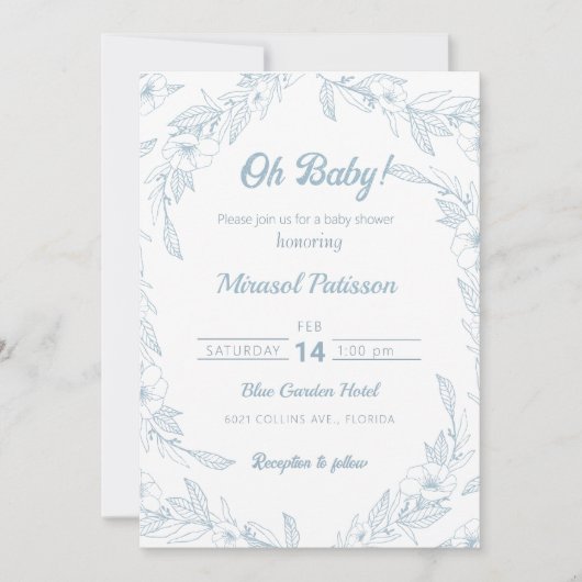 Elegant bord blauw bloemig Baby shower Uitnodiging (Voorkant)