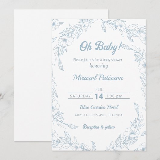 Elegant bord blauw bloemig Baby shower Uitnodiging (Voorkant / Achterkant)