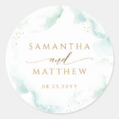 Elegant Bord Blauw en Groen Waterverf Bruiloft Ronde Sticker (Voorkant)