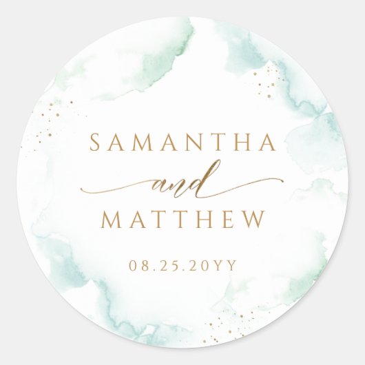 Elegant Bord Blauw en Groen Waterverf Bruiloft Ronde Sticker (Voorkant)