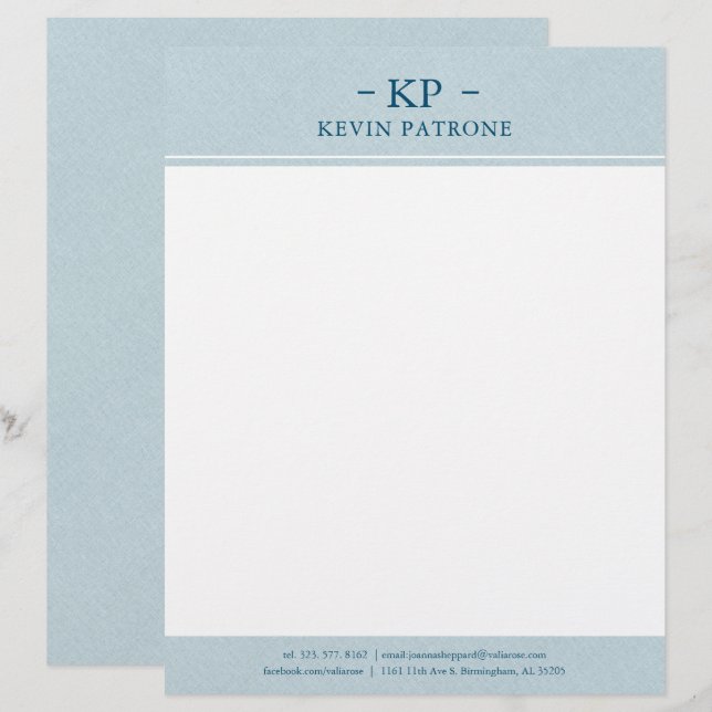 Elegant Bord Blauw Linnen Minimalistische Tekst Briefhoofd (Voorkant / Achterkant)