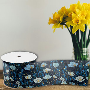 Elegant  Bord Blauw Poppy Floral Satijnen Lint