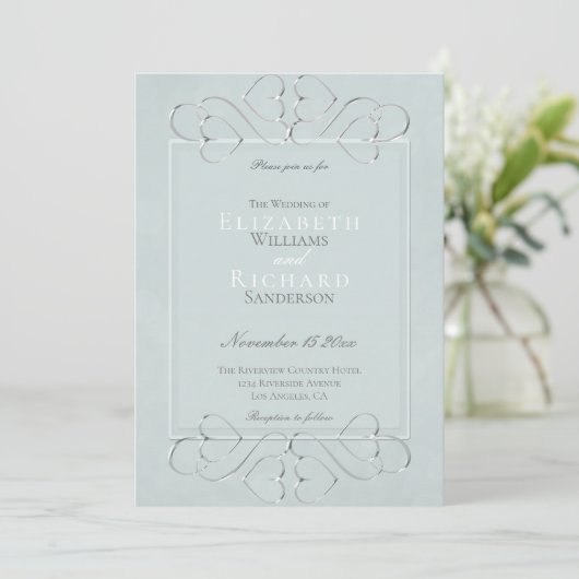 Elegant Bord Dusty Blue Romantic Wedding Kaart (Staand voorkant)