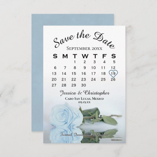 Elegant Bord Dusty Blue Roos Wedding Calendar Save The Date (Voorkant / Achterkant)