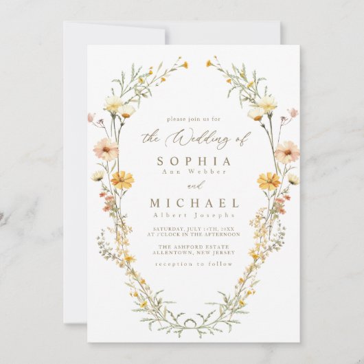 Elegant Bord Geel Waterverf Wildflowers Bruiloft Kaart (Voorkant)