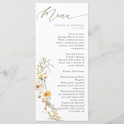 Elegant Bord Geel Waterverf Wildflowers Bruiloft Menu (Voorkant)