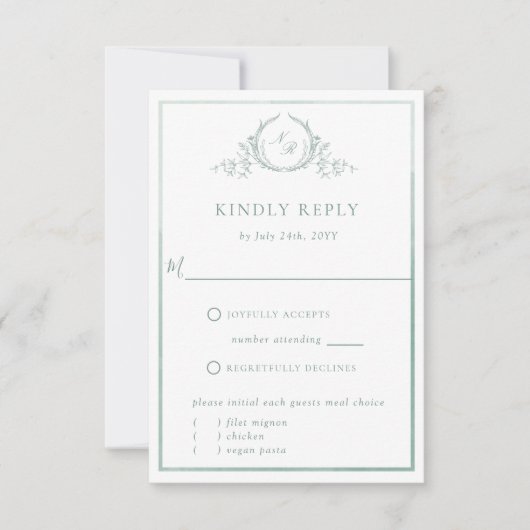Elegant Bord groen monogram met Waterverf RSVP (Voorkant)