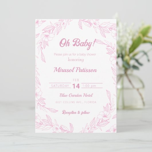 Elegant bord roze bloemige Baby shower Uitnodiging (Staand voorkant)