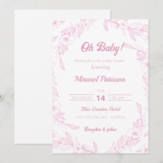 Elegant bord roze bloemige Baby shower Uitnodiging (Voorkant / Achterkant)