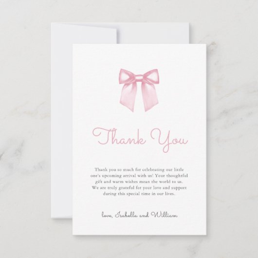 Elegant Bord Roze Bow Baby shower Bedankkaart (Voorkant)
