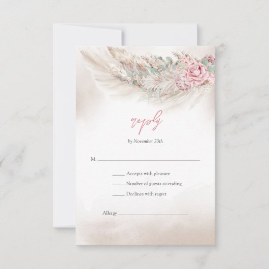 Elegant bord roze rozen pampas en salie groen RSVP (Voorkant)