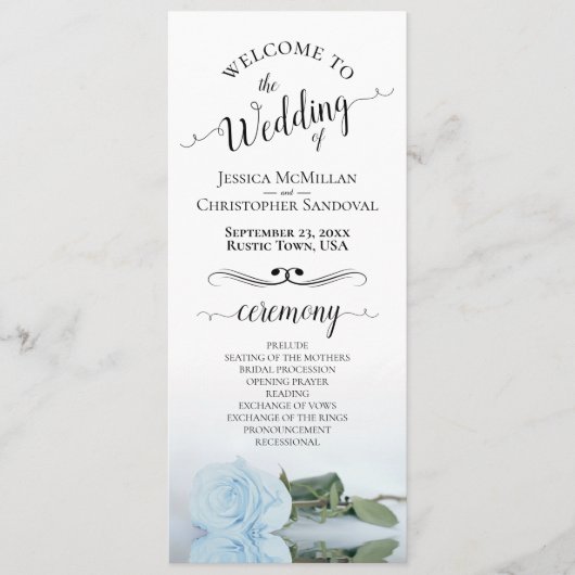 Elegant Bord Stoffig Blauw Roos Romantisch Bruilof Programmakaart (Voorkant)