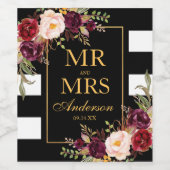 Elegant bordeaux bloemenzwart wit gestreept goud wijn etiket (Enkel label)