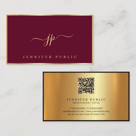 Elegant Bordeaux & Gold Typography Script Monogram Visitekaartje (Voorkant / Achterkant)