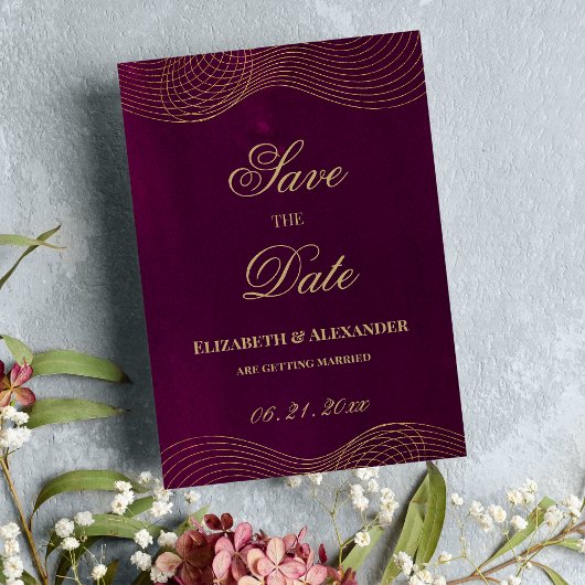 Elegant bordeaux goud geometrisch Save the Date Kaart