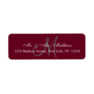 Elegant bordeaux grijs monogram bruiloft adres etiket