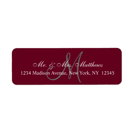 Elegant bordeaux grijs monogram bruiloft adres etiket (Voorkant)