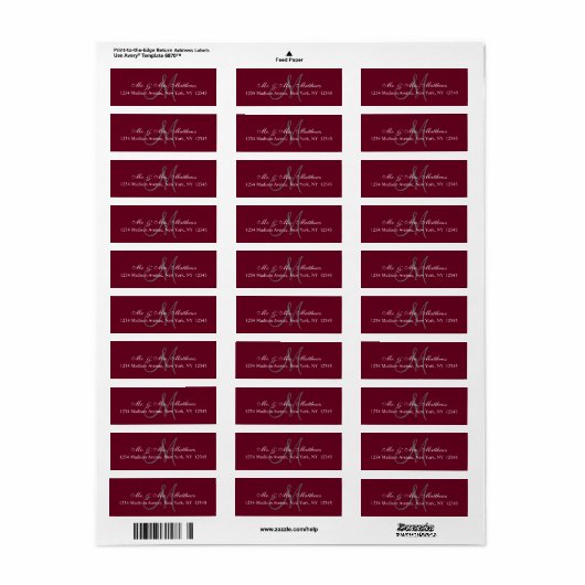 Elegant bordeaux grijs monogram bruiloft adres etiket (Full Sheet)