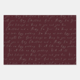 Elegant Bordeaux rood script kerst Inpakpapier Vel
