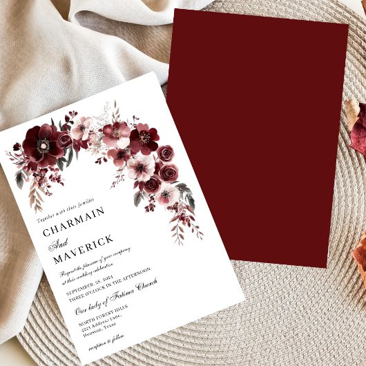 Elegant bordeaux roos en floral design Trouwen Kaart