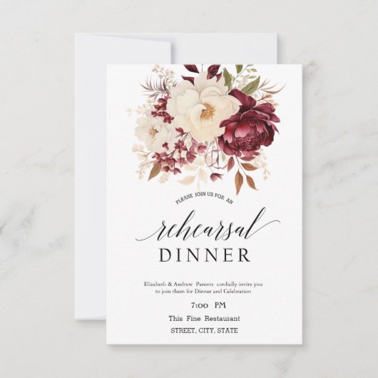 Elegant bordeaux wit bloemen repetitie diner kaart (Voorkant)