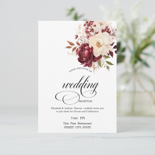 Elegant bordeaux wit bloemen repetitie diner kaart (Staand voorkant)