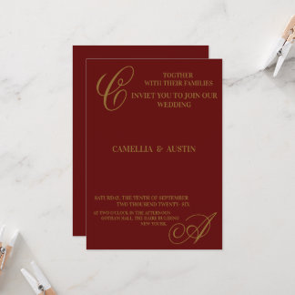 Elegant bordeauxrood en goud folie monogram kaart
