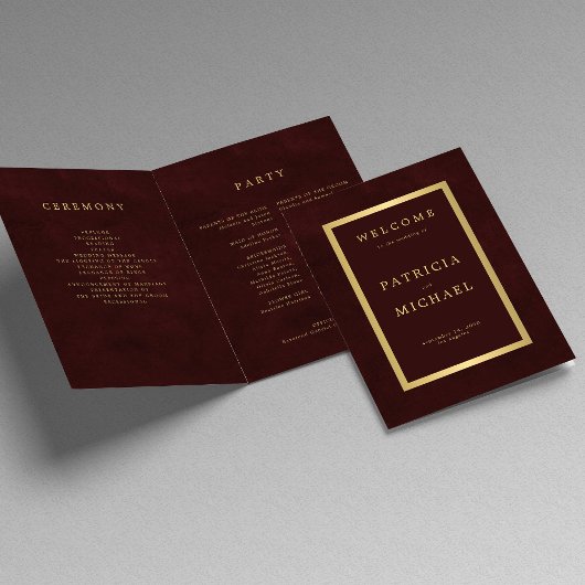 Elegant bordeauxrood gouden trouw uitnodigingsprog programma