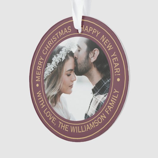 Elegant bordeauxrood kerstmonogram foto ornament (voorkant)